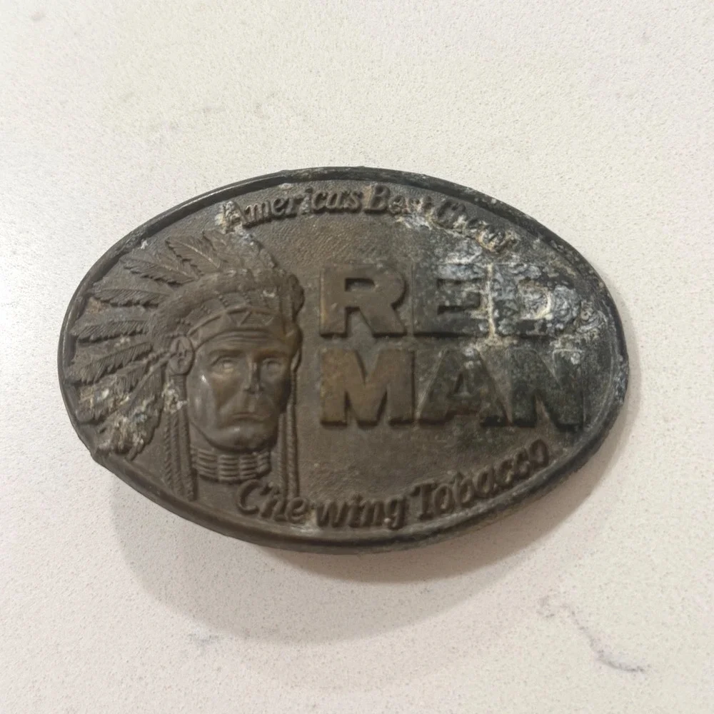 Vintage 1988 Red Man Chewing Tobacco Belt Buckle Native American Chief Oval